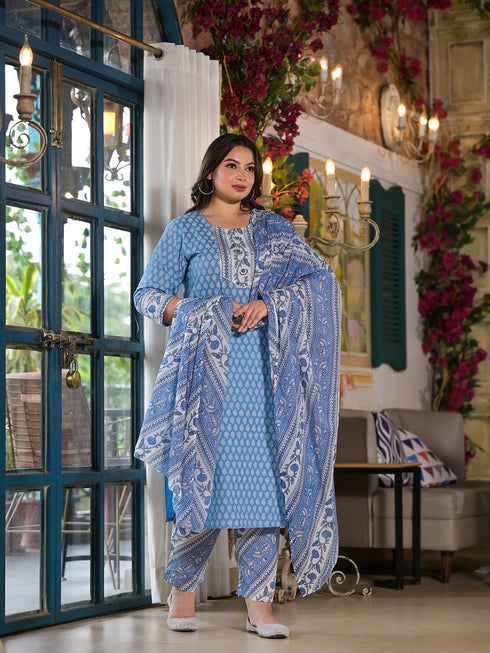 Women Plus Size Blue Pure Cotton Kurta Set With Dupatta